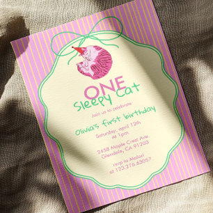 Sleepy Cat 1st Birthday Yellow Stripe Invitation