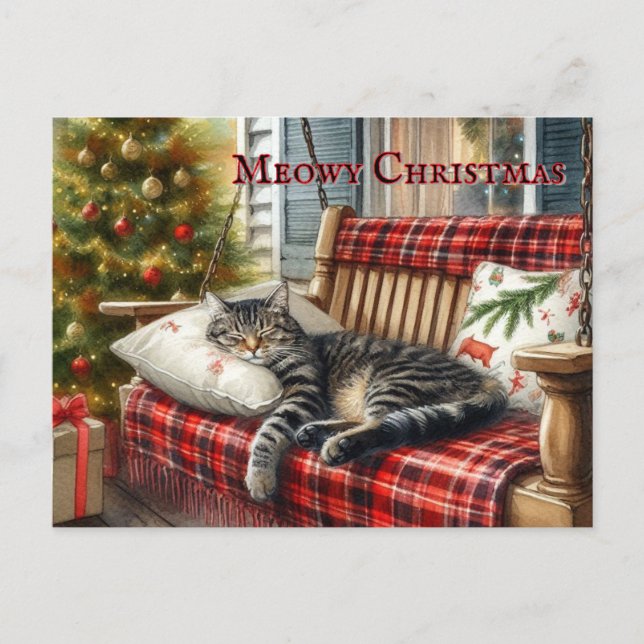 Sleepy Cat and Christmas Tree  Postcard (Front)