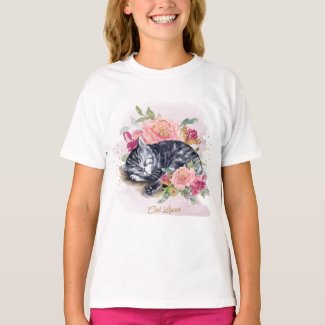 Sleepy Cat And Pink Flowers Girl's