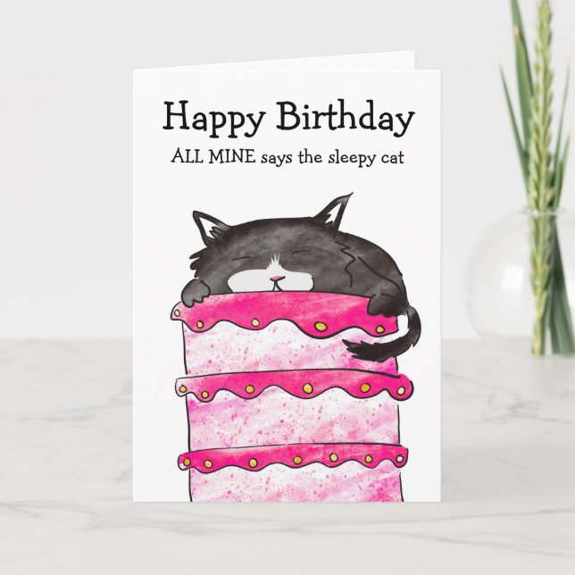 Sleepy cat birthday cake card (Front)