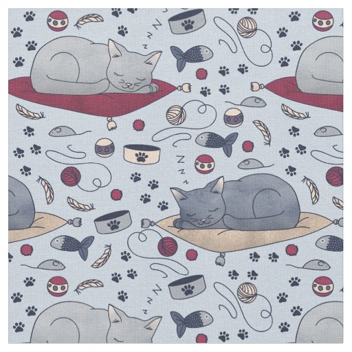 Sleepy Cat Dreams Pattern, Grey Fabric