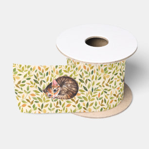 Sleepy cat, floral background satin ribbon