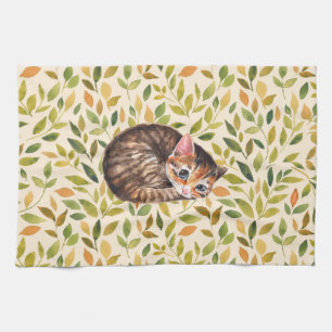 Sleepy cat, floral background towel