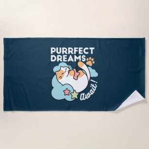Sleepy Cat Hugging Star – Purrfect Dreams Cute Cat Beach Towel