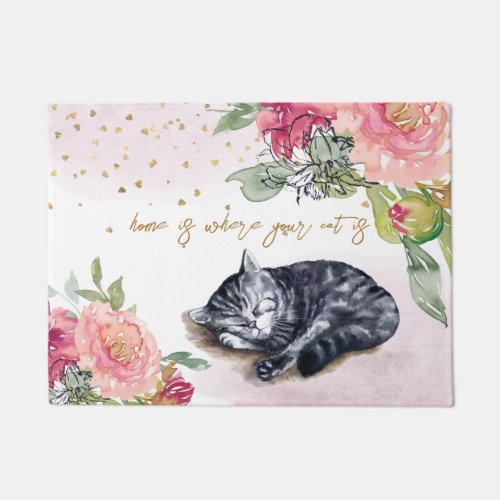 Sleepy Cat Illustration Girl Pet Lover Welcome Doormat