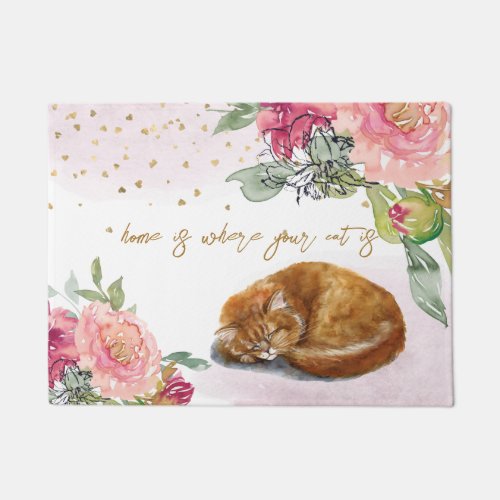 Sleepy Cat Illustration Girl Pet Lover Welcome Doormat
