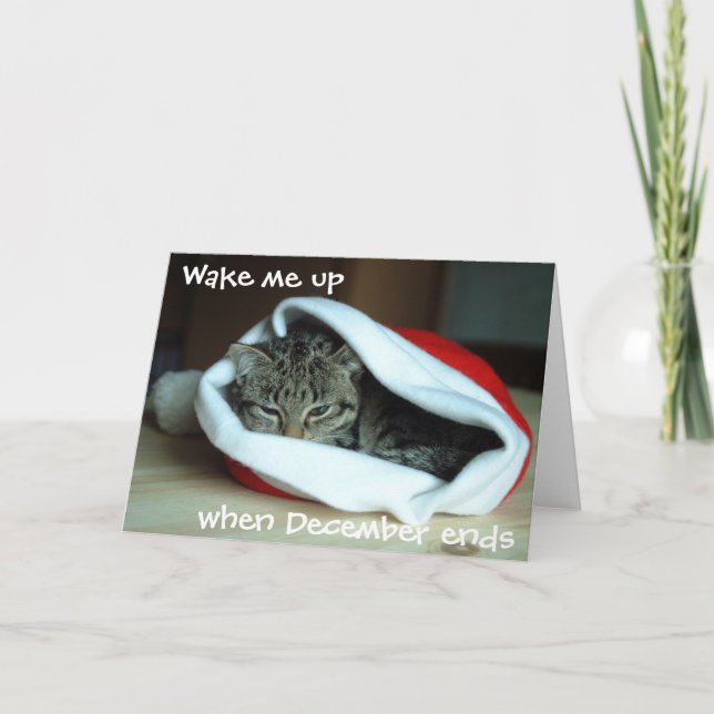 Sleepy Cat in Santa Hat Holiday  Card (Front)