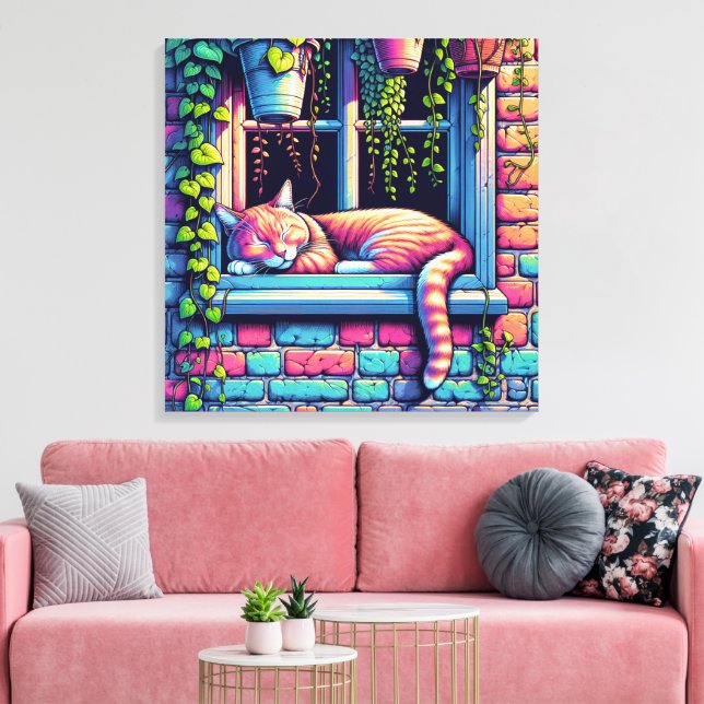 Sleepy Cat in Window Sill Ai Art Canvas Print (Insitu(LivingRoom))