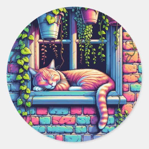 Sleepy Cat in Window Sill Ai Art Classic Round Sticker