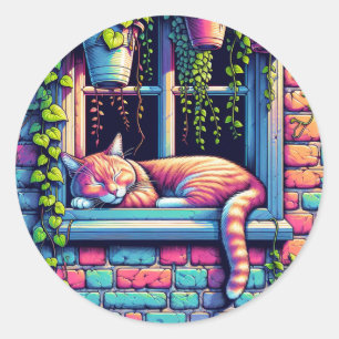 Sleepy Cat in Window Sill Ai Art Classic Round Sticker