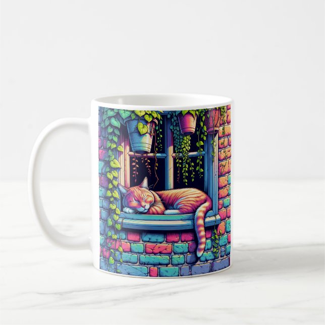 Sleepy Cat in Window Sill Ai Art Coffee Mug (Left)