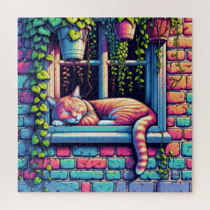 Sleepy Cat in Window Sill Ai Art Jigsaw Puzzle
