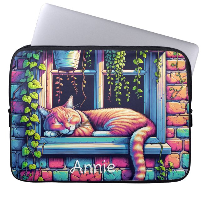Sleepy Cat in Window Sill Ai Art Personalized Laptop Sleeve (Front)