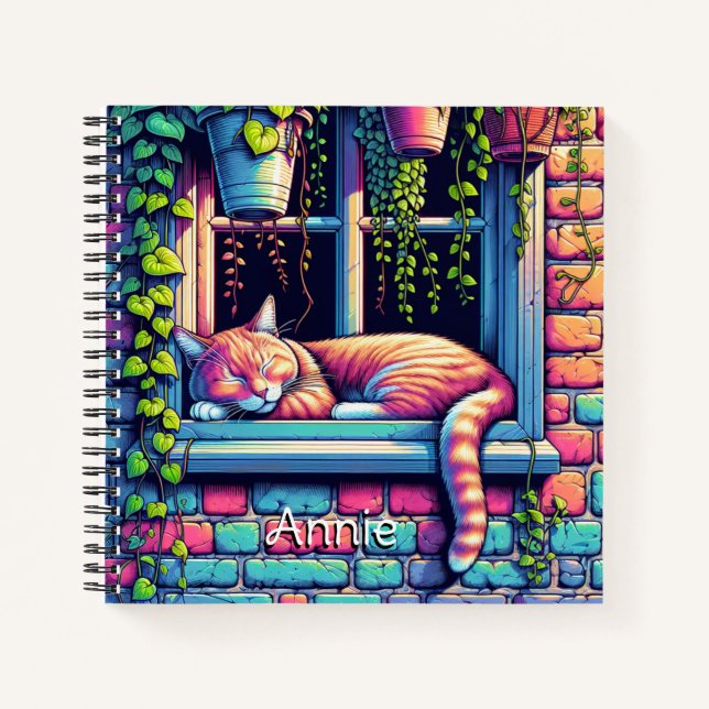 Sleepy Cat in Window Sill Ai Art Personalized Notebook (Front)