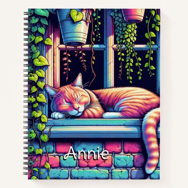 Sleepy Cat in Window Sill Ai Art Personalized Notebook (Front)