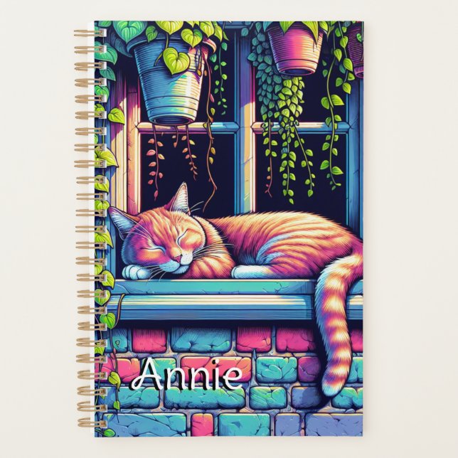 Sleepy Cat in Window Sill Ai Art Personalized Planner (Front)
