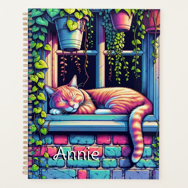 Sleepy Cat in Window Sill Ai Art Personalized Planner (Front)