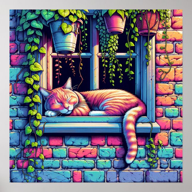Sleepy Cat in Window Sill Ai Art Poster (Front)