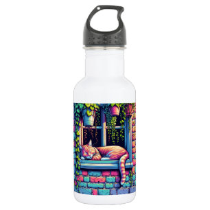 Sleepy Cat in Window Sill Ai Art Stainless Steel Water Bottle