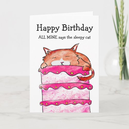 Sleepy cat on cake birthday card