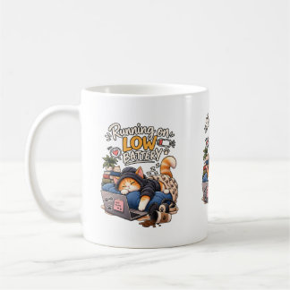 Sleepy Cat Running on Low Battery Cozy Cat Humor Coffee Mug
