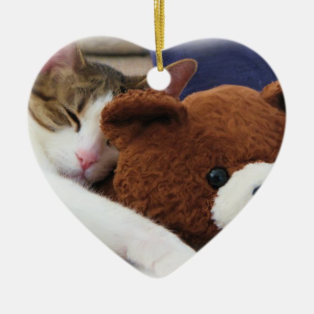 Sleepy Cat Teddy Bear Ceramic Ornament (Front)