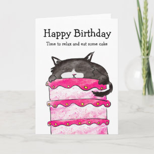Sleepy cat with birthday cake card