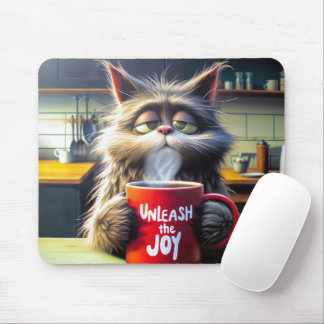 Sleepy Cat With Funny Red Coffee Mug Mouse Pad