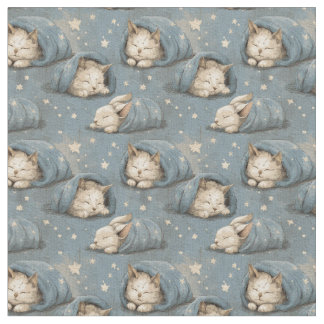 Sleepy Cats Under Starry Sky Cozy Blue Pattern Fabric