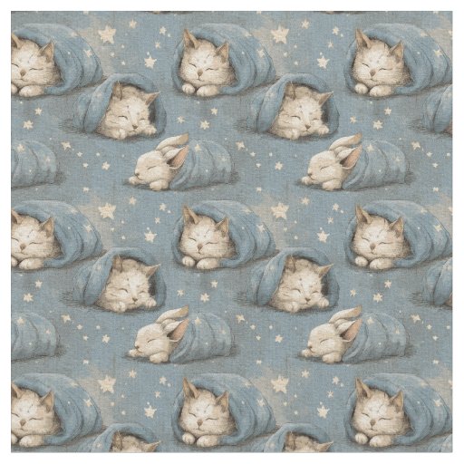 Sleepy Cats Under Starry Sky Cozy Blue Pattern Fabric