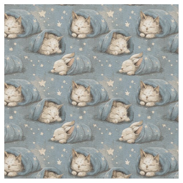 Sleepy Cats Under Starry Sky Cozy Blue Pattern Fabric (Close Up)