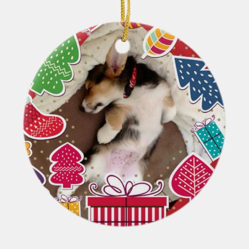 Sleepy Christmas Corgi Puppy Ceramic Ornament