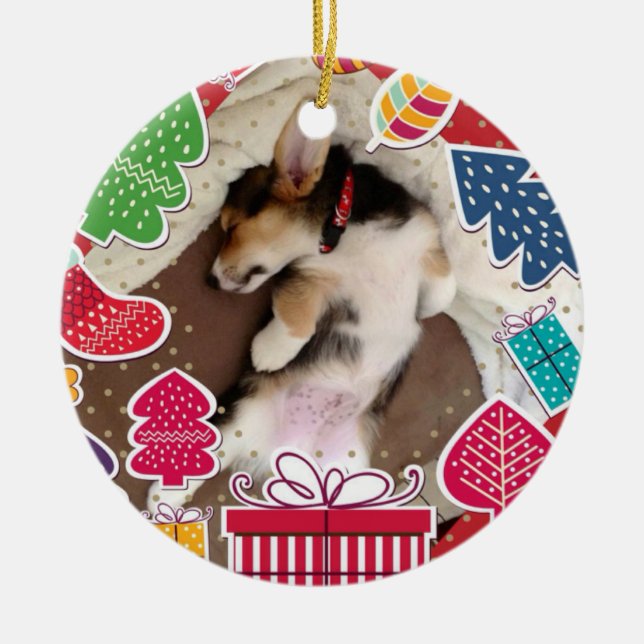 Sleepy Christmas Corgi Puppy Ceramic Ornament (Front)