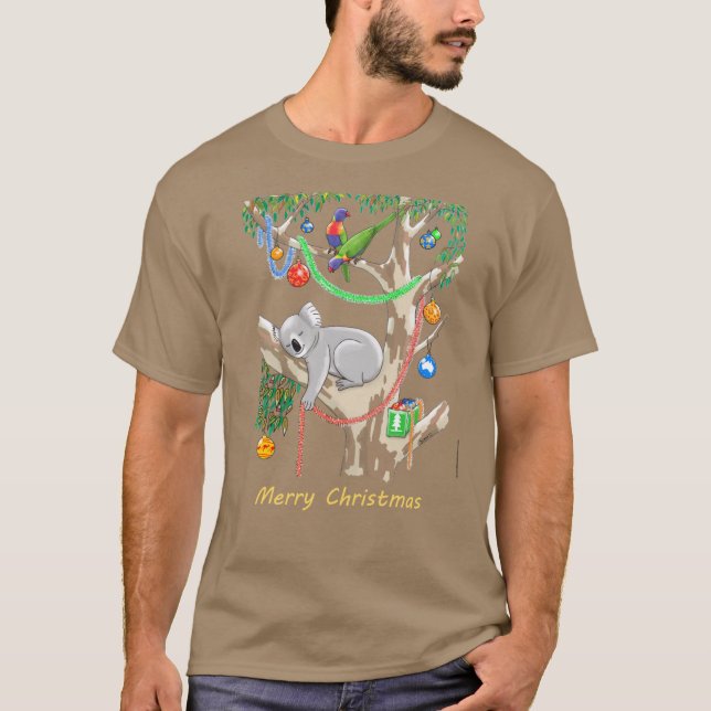 Sleepy Christmas Koala and Lorikeets T-Shirt (Front)