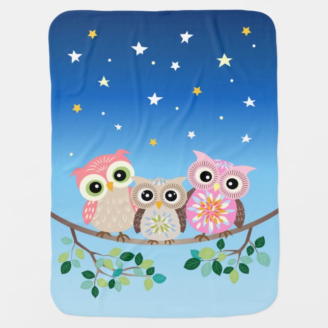 Sleepy Cute 3 Owls Baby Blanket (Front)