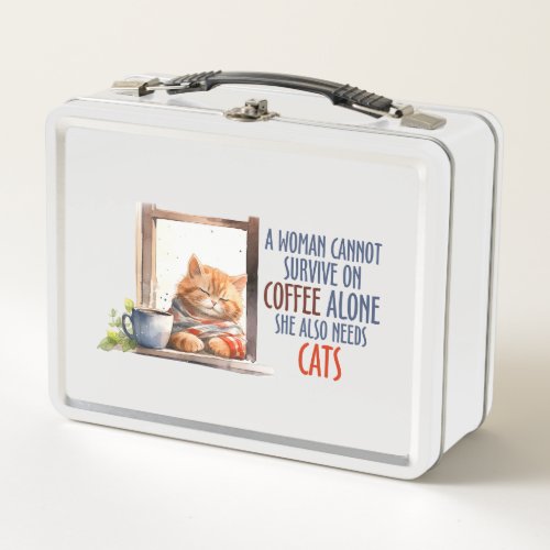 Sleepy Cute Orange Cat with Cup of Coffee Metal Lunch Box