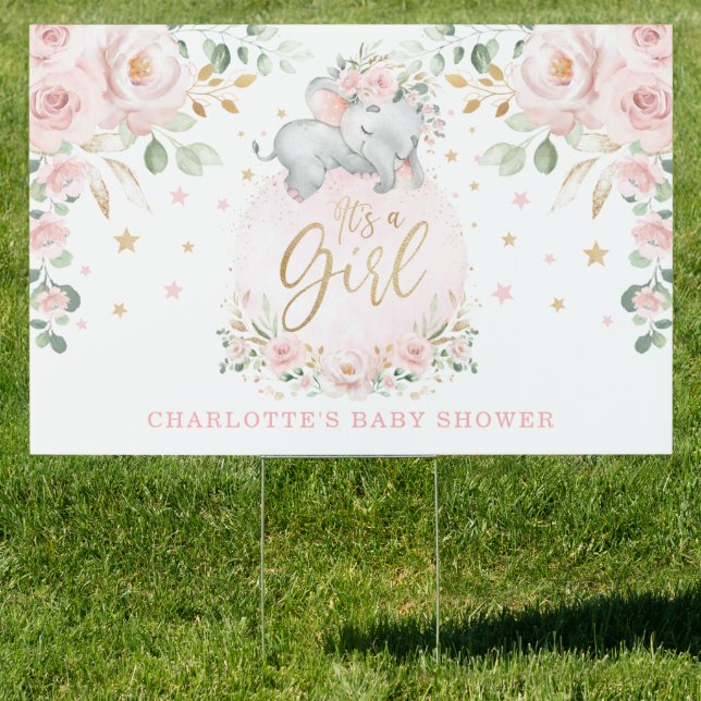 Sleepy Elephant Blush Gold Floral Baby Shower Yard Sign (Insitu)