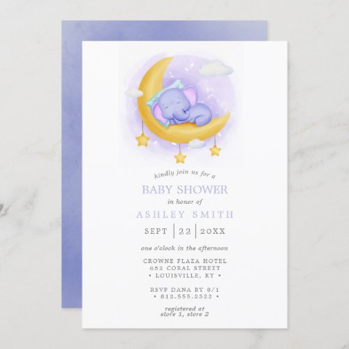 Sleepy Elephant Moon Watercolor Baby Shower Invitation