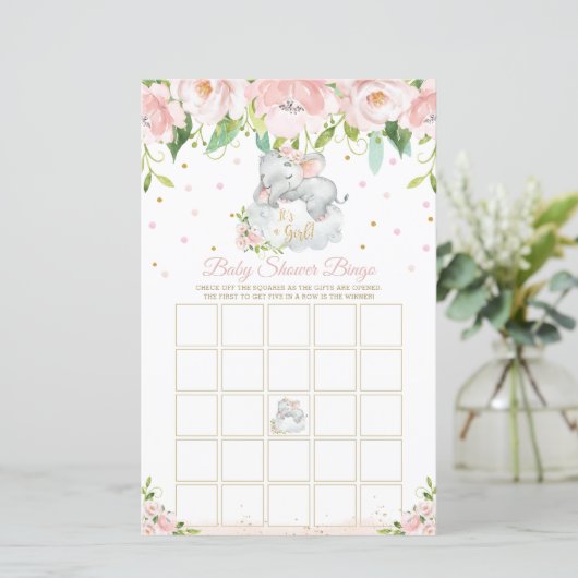 Sleepy Elephant Pink Floral Baby Shower Bingo Game (Standing Front)