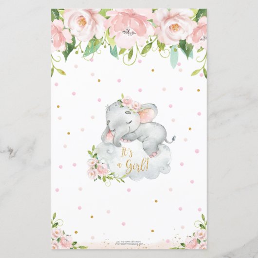 Sleepy Elephant Pink Floral Baby Shower Bingo Game (Back)