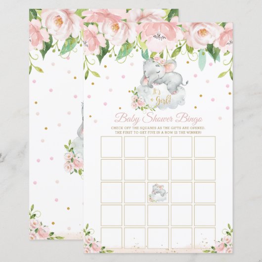 Sleepy Elephant Pink Floral Baby Shower Bingo Game (Front/Back)