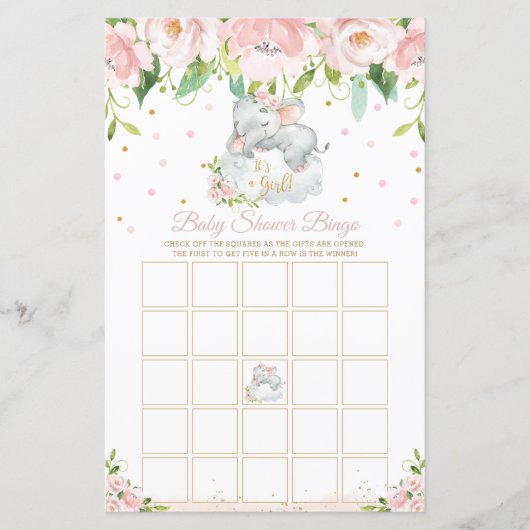 Sleepy Elephant Pink Floral Baby Shower Bingo Game (Front)