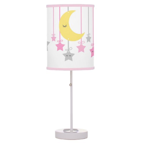Sleepy Eyes Pink Gray Moon Star Baby Girl Nursery Table Lamp