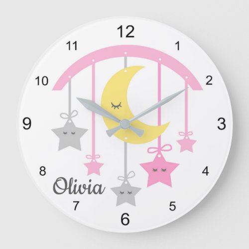 Sleepy Eyes Star Moon Pink Gray Baby Girl Nursery Large Clock