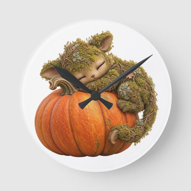 Sleepy Fantasy Creature Hugging Pumpkin Wall Clock (Front)
