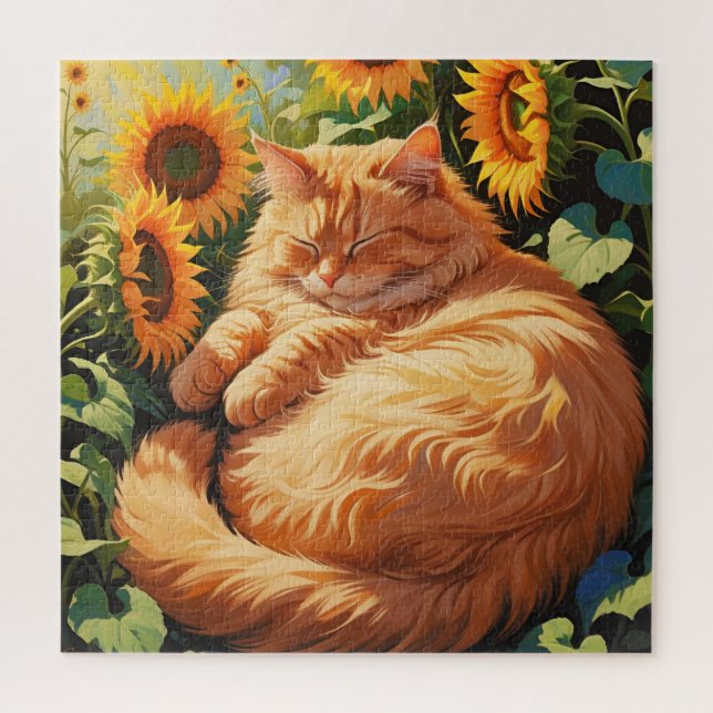 Sleepy Fat Orange Cat with Sunflowers Jigsaw Puzzle (Vertical)