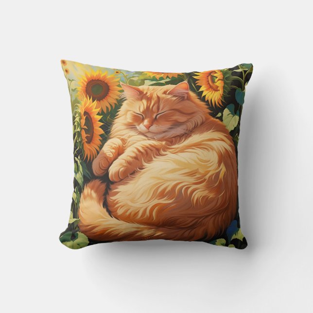 Sleepy Fat Orange Cat with Sunflowers Throw Pillow (Front)