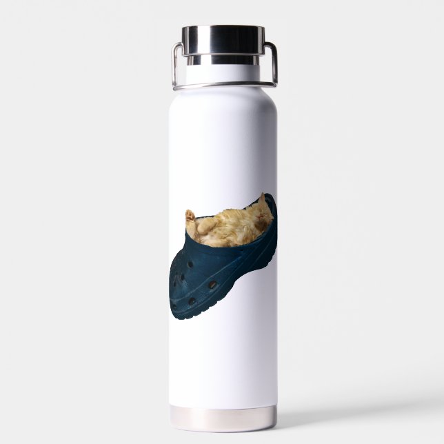 Sleepy Fluffy Kitten Sleeping In Croc Shoe, Water Bottle (Back)