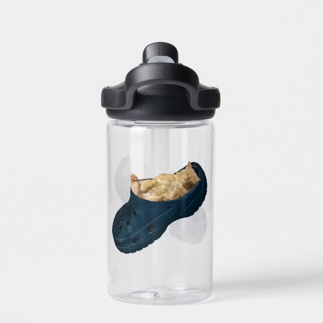 Sleepy Fluffy Kitten Sleeping In Croc Shoe, Water Bottle (Back)