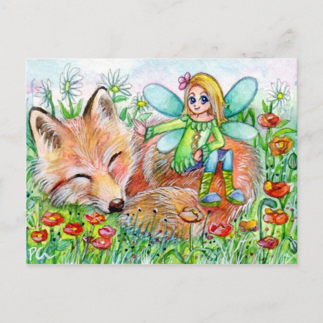 Sleepy Fox and Fairy Postcard (Front)